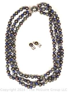 Triple Strand Faux Pearls with Blue Glass Bead Necklace with Matching Earrings.  Clasp is Sterling