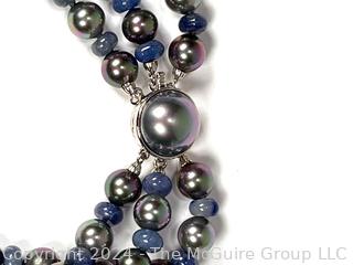 Triple Strand Faux Pearls with Blue Glass Bead Necklace with Matching Earrings.  Clasp is Sterling