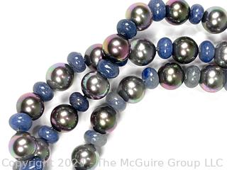 Triple Strand Faux Pearls with Blue Glass Bead Necklace with Matching Earrings.  Clasp is Sterling