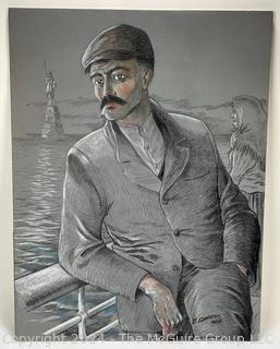 Unframed Charcoal and Paint on Paper Titled "The Immigrant" by Artist Douglas Edwards 1988. 19 x 24"