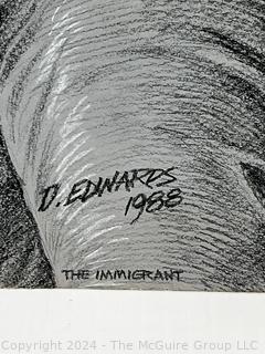 Unframed Charcoal and Paint on Paper Titled "The Immigrant" by Artist Douglas Edwards 1988. 19 x 24"