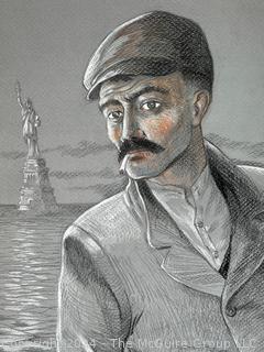 Unframed Charcoal and Paint on Paper Titled "The Immigrant" by Artist Douglas Edwards 1988. 19 x 24"