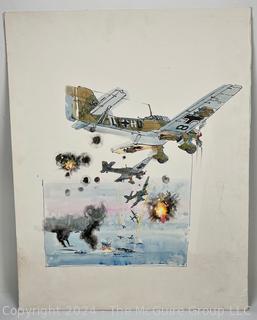 Original Unmounted Pen & Ink w/Color Wash of WW2 Aerial Battle Scene German Aircraft Unsigned  19 x 24"