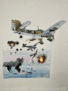 Original Unmounted Pen & Ink w/Color Wash of WW2 Aerial Battle Scene German Aircraft Unsigned  19 x 24"