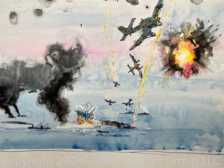 Original Unmounted Pen & Ink w/Color Wash of WW2 Aerial Battle Scene German Aircraft Unsigned  19 x 24"