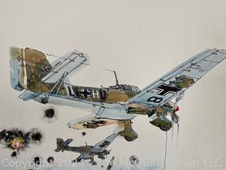 Original Unmounted Pen & Ink w/Color Wash of WW2 Aerial Battle Scene German Aircraft Unsigned  19 x 24"