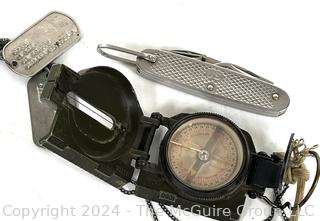 WWII Military Items: Folding Pocket Knife; Lensatic Field Compass and "Dog Tag"