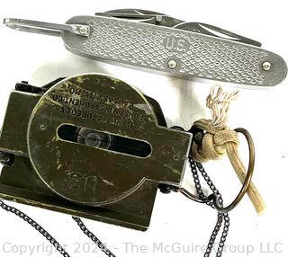 WWII Military Items: Folding Pocket Knife; Lensatic Field Compass and "Dog Tag"