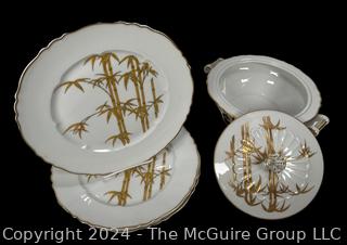 Three (3) French Haviland Gold Rimmed 10" Plates and Lidded Bowl with Bamboo Pattern