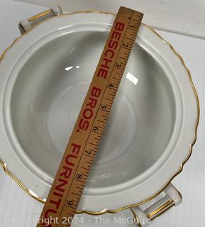 Three (3) French Haviland Gold Rimmed 10" Plates and Lidded Bowl with Bamboo Pattern