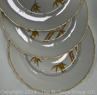 Three (3) French Haviland Gold Rimmed 10" Plates and Lidded Bowl with Bamboo Pattern