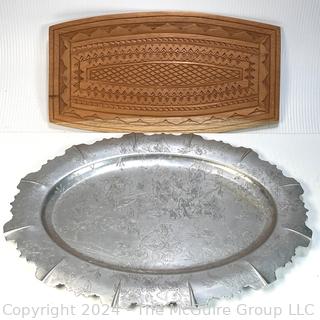 Two Serving Platters.  Aluminum and Wood 