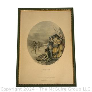 Framed Under Glass Lithograph "Winter" Ice Skating 1789.  14.5 x 20.5”