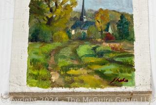 Unframed Oil on Canvas of Village Landscape. Signed Lower Right. 10 x 12"