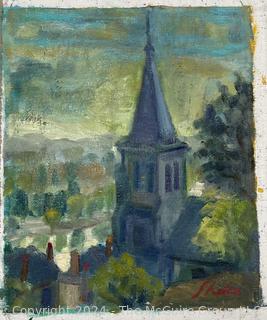 Unframed Oil on Canvas of Church Steeple. Signed Lower Right. 11 x 13"