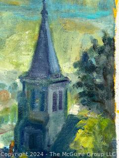 Unframed Oil on Canvas of Church Steeple. Signed Lower Right. 11 x 13"