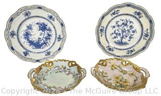 Two (2) Theodore Haviland Blue China Plates and Two (2) Gold Rimmed Saucers w/ Handles Marked R. BLavin 1965