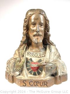 Heavy Stoneware Sacred Heart Jesus Bust Statue Signed by Artist J Lecoco.  13" tall x 12" wide.