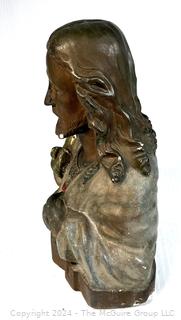 Heavy Stoneware Sacred Heart Jesus Bust Statue Signed by Artist J Lecoco.  13" tall x 12" wide.