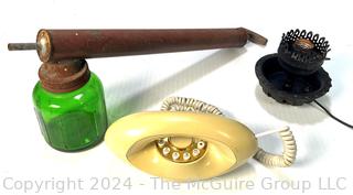 Green Glass Pump Handle Insect Sprayer, Genie Telephone & Cast Iron Lamp.