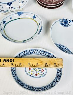 Four (4) Nymolle Denmark "L'Opera" by Bjorn Wiinblad  Pin Dishes and Five (5) Japanese Hasami Ware Bowls with Chop Mark. 