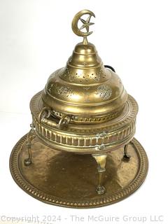  Middle Eastern Arabi Brass Brazier with Pierced Dome and Crescent Moon & Star Handle on Tray. 20 x 23”