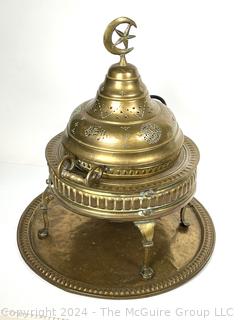  Middle Eastern Arabi Brass Brazier with Pierced Dome and Crescent Moon & Star Handle on Tray. 20 x 23”