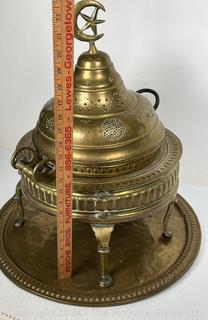  Middle Eastern Arabi Brass Brazier with Pierced Dome and Crescent Moon & Star Handle on Tray. 20 x 23”