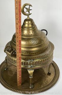  Middle Eastern Arabi Brass Brazier with Pierced Dome and Crescent Moon & Star Handle on Tray. 20 x 23”