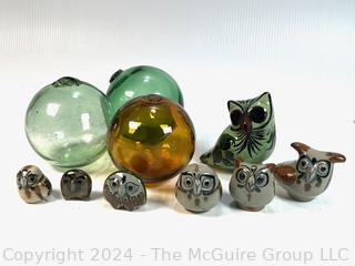 Collection of Japanese Glass Floats and Mexican Tonala Stoneware Figurines