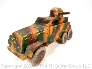 WWII Hand-made Wood Trench Folk Art Toy Truck Tank