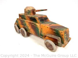 WWII Hand-made Wood Trench Folk Art Toy Truck Tank