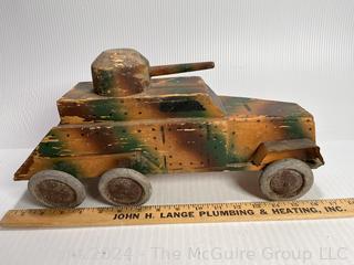 WWII Hand-made Wood Trench Folk Art Toy Truck Tank