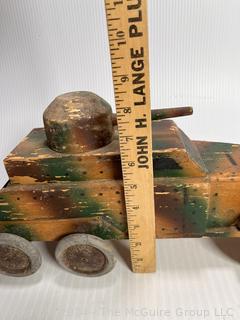 WWII Hand-made Wood Trench Folk Art Toy Truck Tank