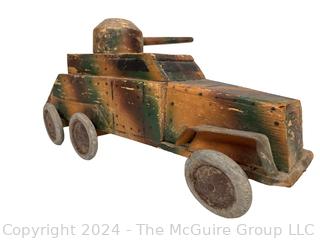 WWII Hand-made Wood Trench Folk Art Toy Truck Tank