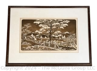 Framed Under Glass Wood Block Print Titled "Hickory Bridge" Signed & Numbered by Artist Al Kaufman. 16 x 21.5"