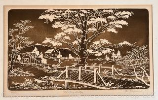 Framed Under Glass Wood Block Print Titled "Hickory Bridge" Signed & Numbered by Artist Al Kaufman. 16 x 21.5"