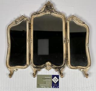 Louis XV Style Tripych Vanity Dresser Mirror In Gilt.  12.5" x 13