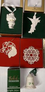 Five (5) Christmas Ornaments in Boxes Including Wedgwood, Lenox and Belleek