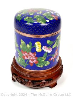 Chinese Blue Floral Lidded Cloisonné Enamel Tea Box.  5" tall.