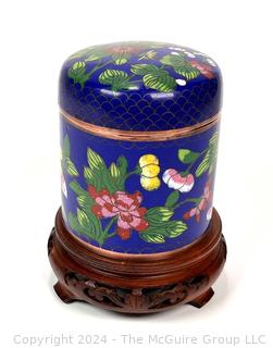 Chinese Blue Floral Lidded Cloisonné Enamel Tea Box.  5" tall.