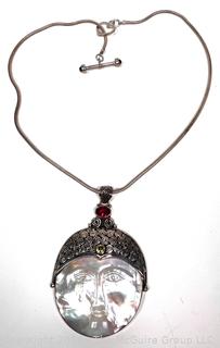 Mother of Pearl Moon Face Pendant in Sterling with Garnet and Pierdot on Silver Chain, 18"