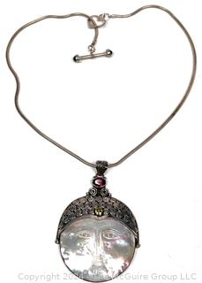 Mother of Pearl Moon Face Pendant in Sterling with Garnet and Pierdot on Silver Chain, 18"