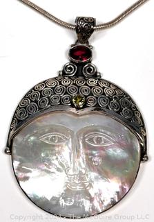 Mother of Pearl Moon Face Pendant in Sterling with Garnet and Pierdot on Silver Chain, 18"