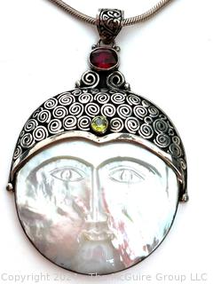 Mother of Pearl Moon Face Pendant in Sterling with Garnet and Pierdot on Silver Chain, 18"