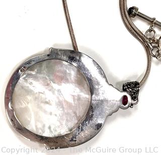 Mother of Pearl Moon Face Pendant in Sterling with Garnet and Pierdot on Silver Chain, 18"