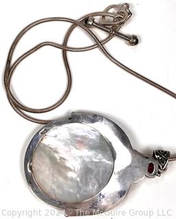 Mother of Pearl Moon Face Pendant in Sterling with Garnet and Pierdot on Silver Chain, 18"