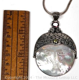 Mother of Pearl Moon Face Pendant in Sterling with Garnet and Pierdot on Silver Chain, 18"