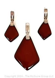 Dark Amber Color Earrings and Pendant with Sterling 