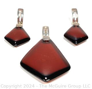 Dark Amber Color Earrings and Pendant with Sterling 